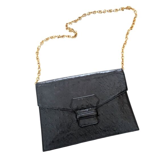 Genuine Leather Black Clutch Purse Gold Chain Strap